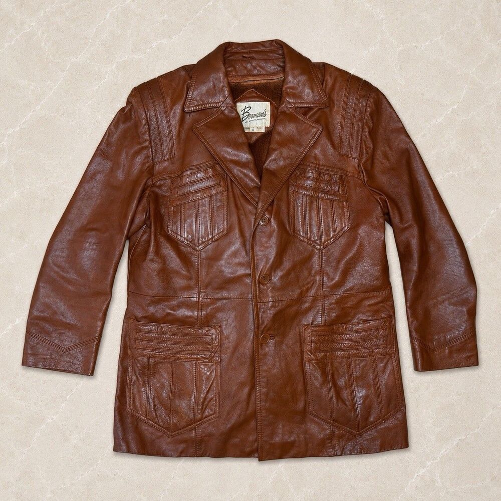 Vintage Berman’s Brown Leather Car Coat Men’s 44 Faux Fur Lined Made in Korea